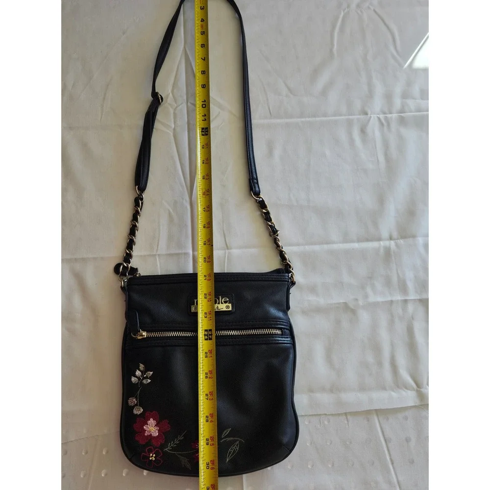 Nicole Miller Black Faux Leather‎ Crossbody Bag Floral Embroidery Chain Strap